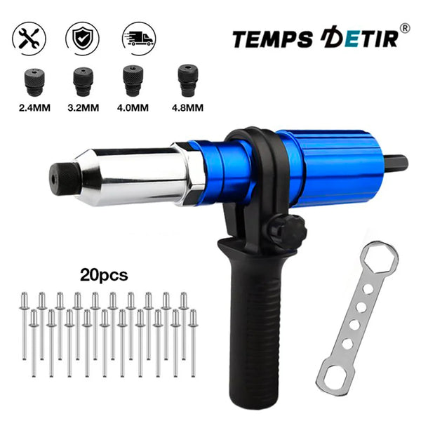 Blauer Elektrodrehlader-Adapter mit verschiedenen Bitgrößen und einer Setz für Nieten.