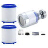 A silver faucet water purifier with a rotating head and a blue and white cotton filter cartridge.