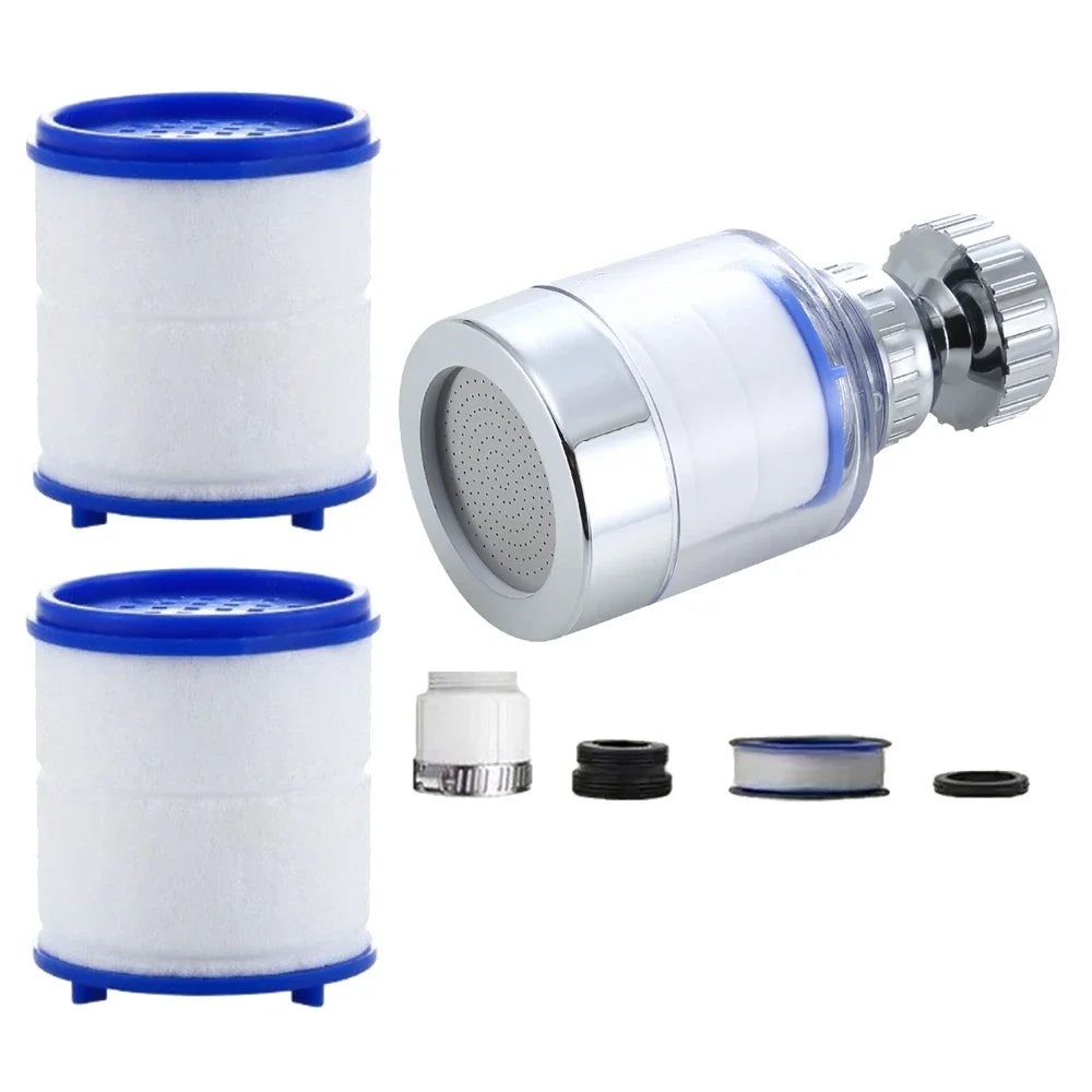 A silver faucet water purifier with a rotating head and a blue and white cotton filter cartridge.