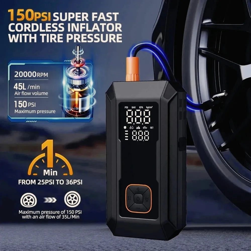 Black cordless inflator with tire pressure gauge and hose connected to a car wheel.