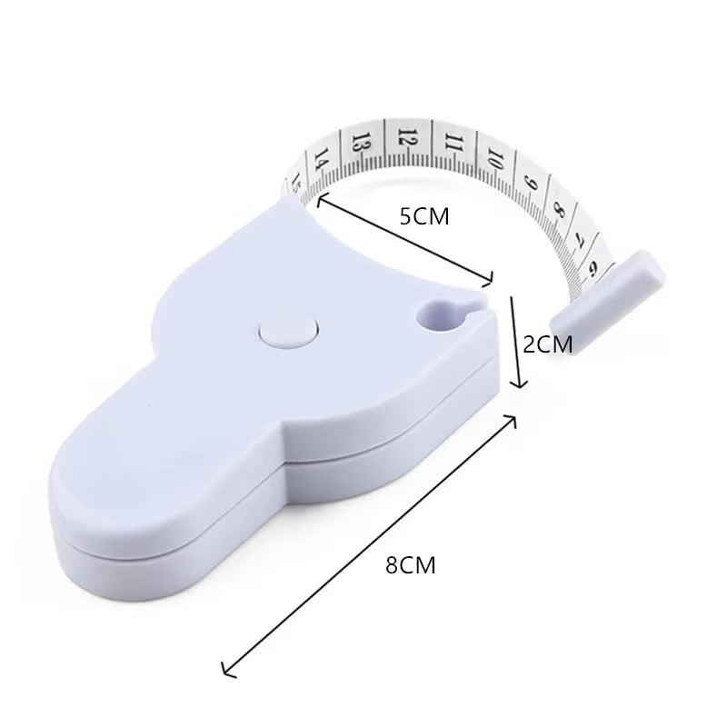 A white automatic retractable body measuring tape with a flexible tape and a ruler scale.