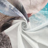 A white shower curtain is being held by a black object, with a raccoon and shark visible in the background.