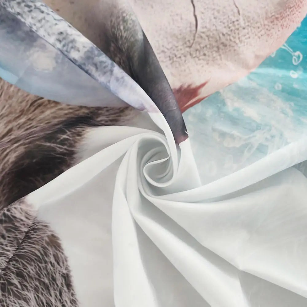 A white shower curtain is being held by a black object, with a raccoon and shark visible in the background.