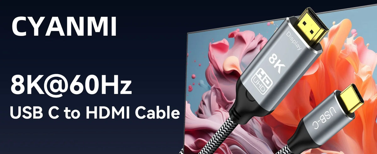 A silver USB-C to HDMI cable is shown against a colorful, abstract background.