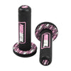 A black motorcycle handlebar grip with pink accents and a textured rubber surface.