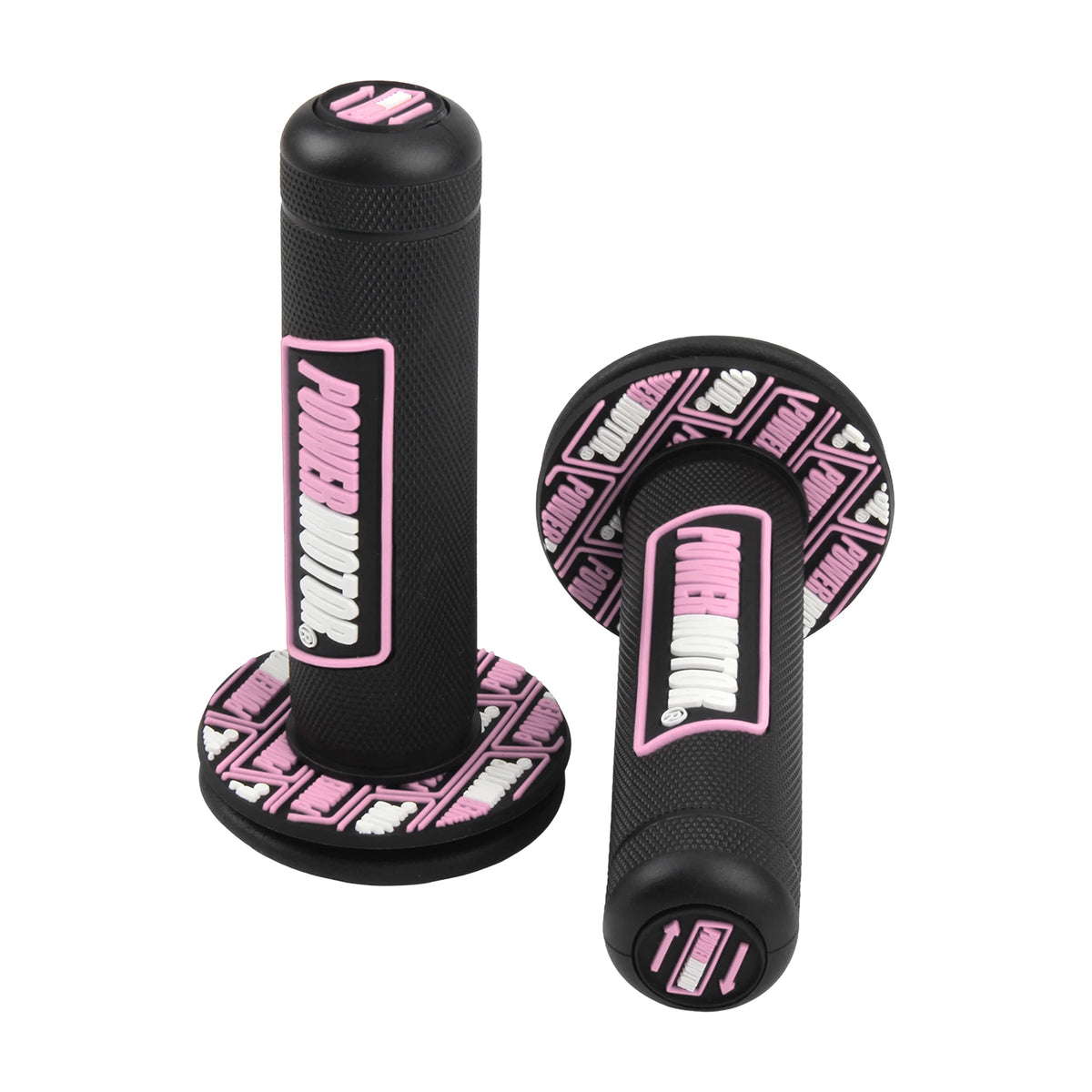A black motorcycle handlebar grip with pink accents and a textured rubber surface.