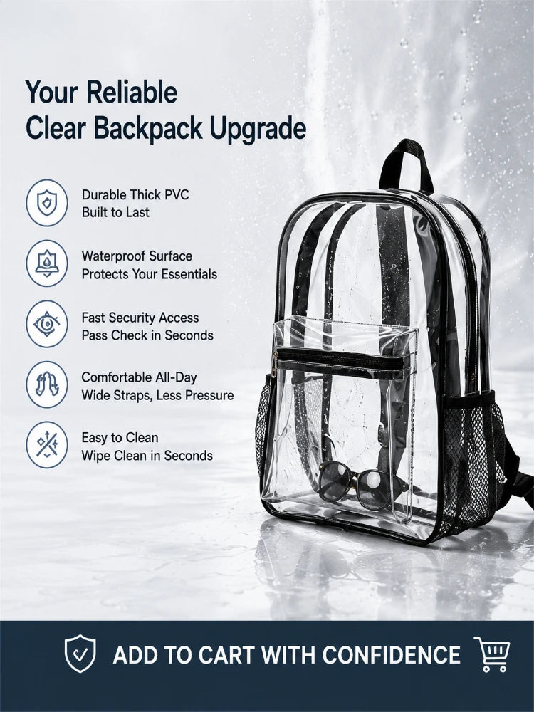 Heavy-Duty Transparent PVC Backpack with Padded Straps