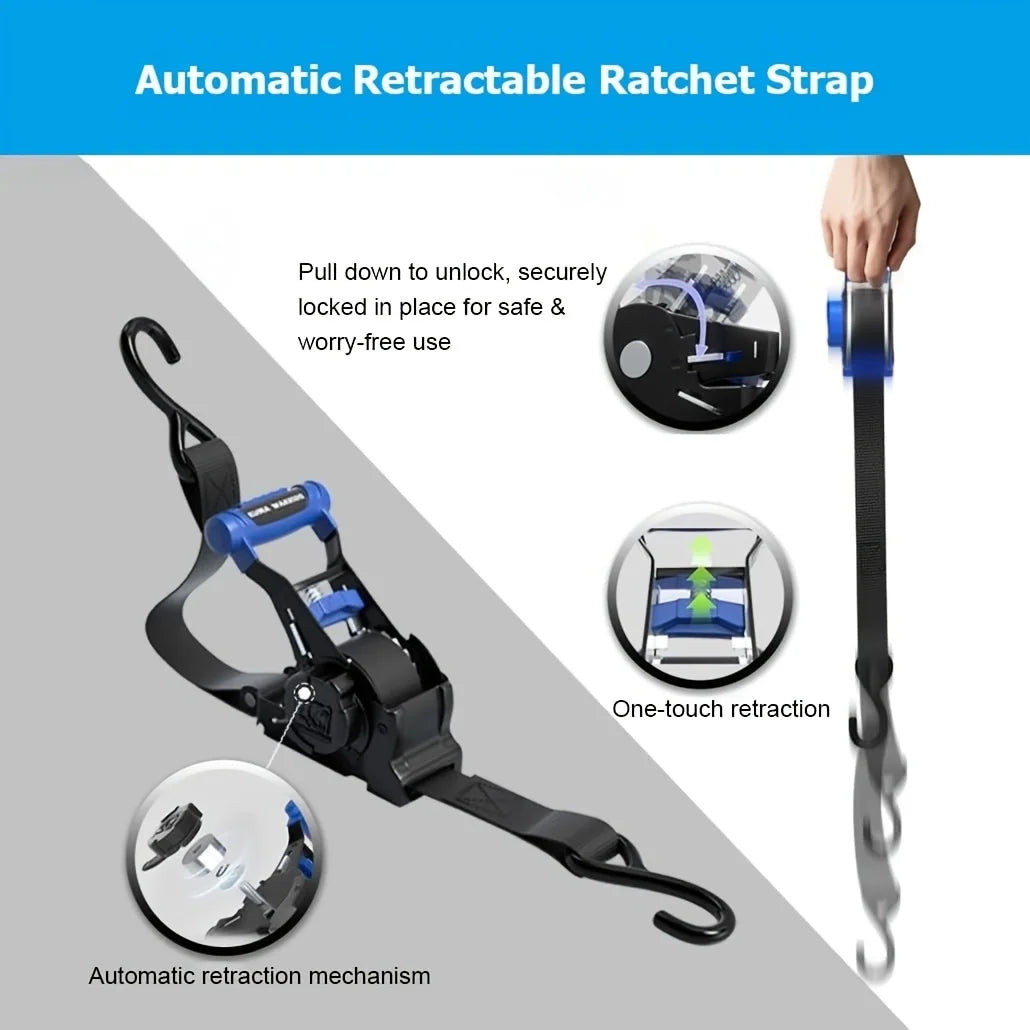 Automatic retractable ratchet strap shown with various views demonstrating the one-touch retraction mechanism.