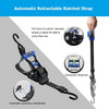 Automatic retractable ratchet strap shown with a hand pulling down to unlock and a mechanism for one-touch retraction.