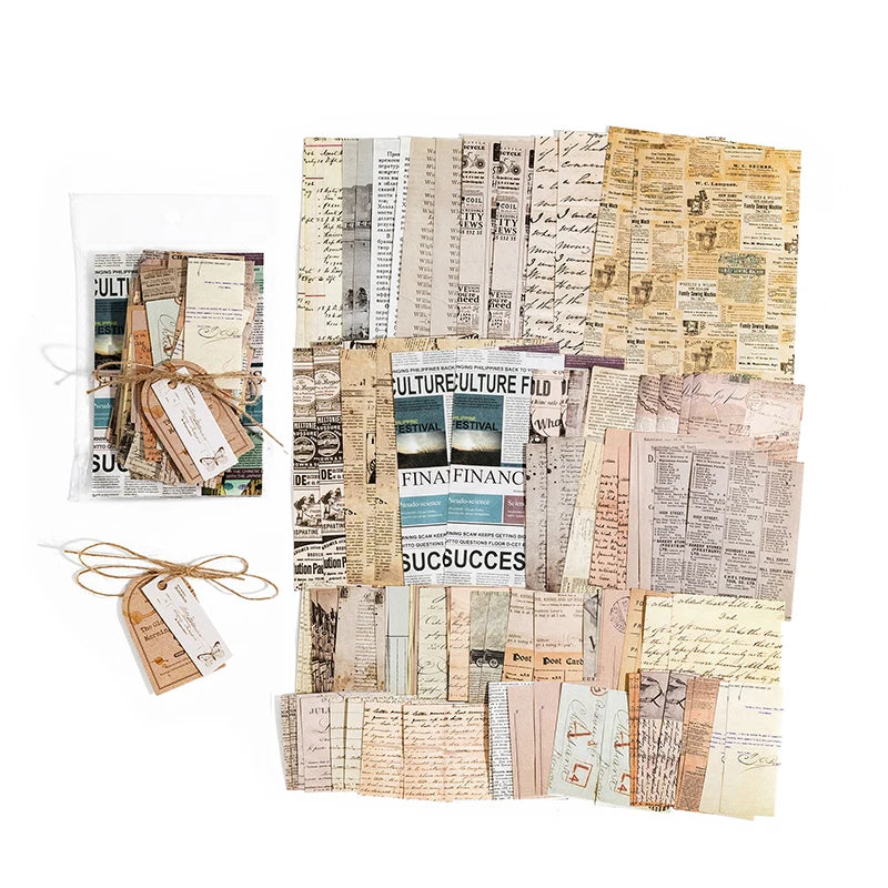 Collection de papier scrapbook vintage avec texte vieilli, images délavées et tons sépia.