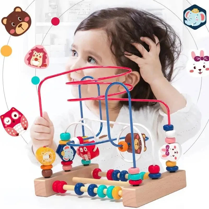 A child is playing with a wooden bead maze toy featuring colorful beads and strings.