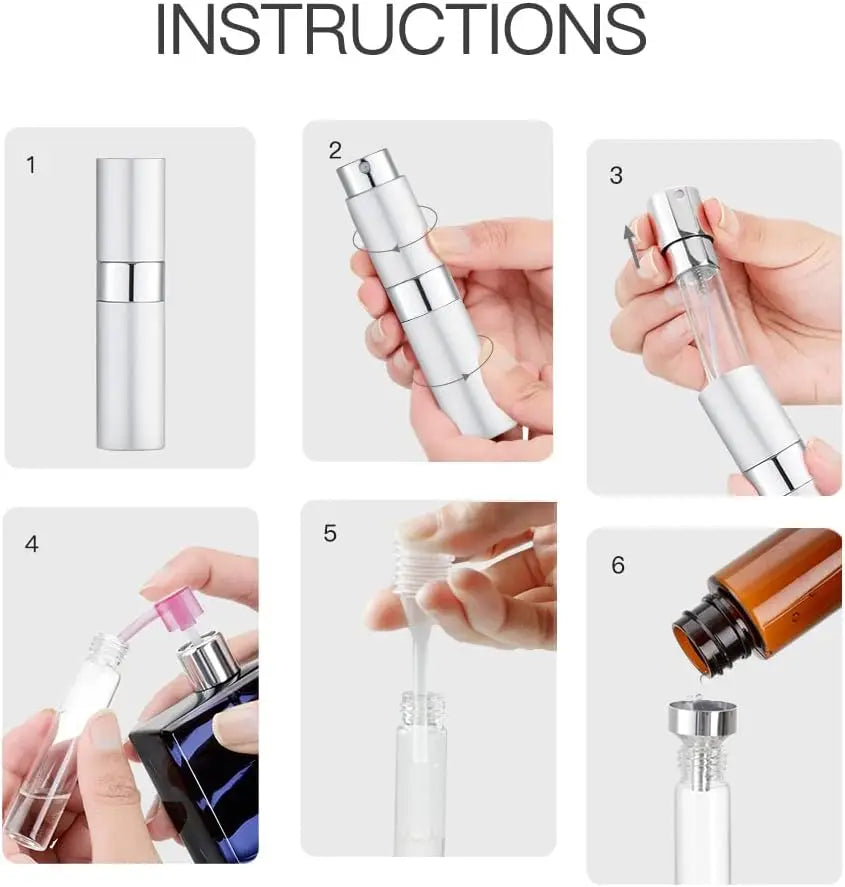 Instrucciones para el ensamblaje y uso de un set de atomizador de perfume de 3 piezas.