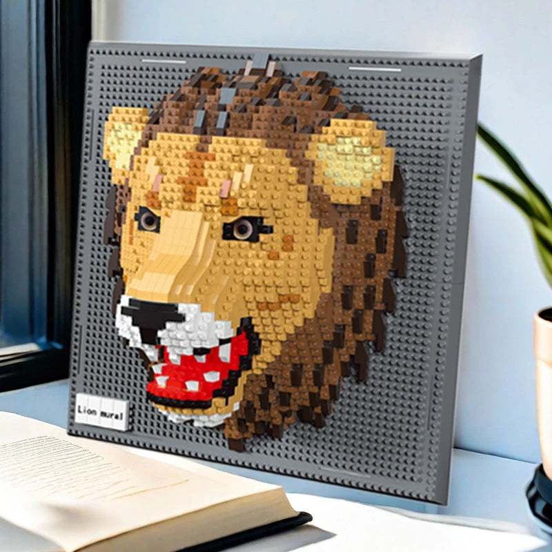 A framed 3D mosaic building block wall art kit depicting a lion's head in shades of brown, gold, and black.