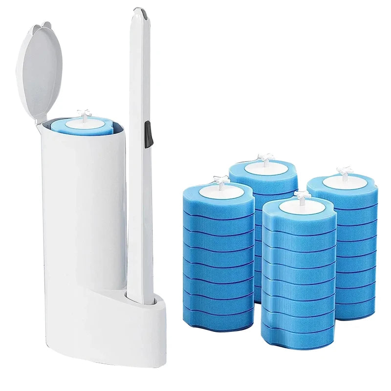 A white toilet brush and holder set with blue disposable brushes and heads.
