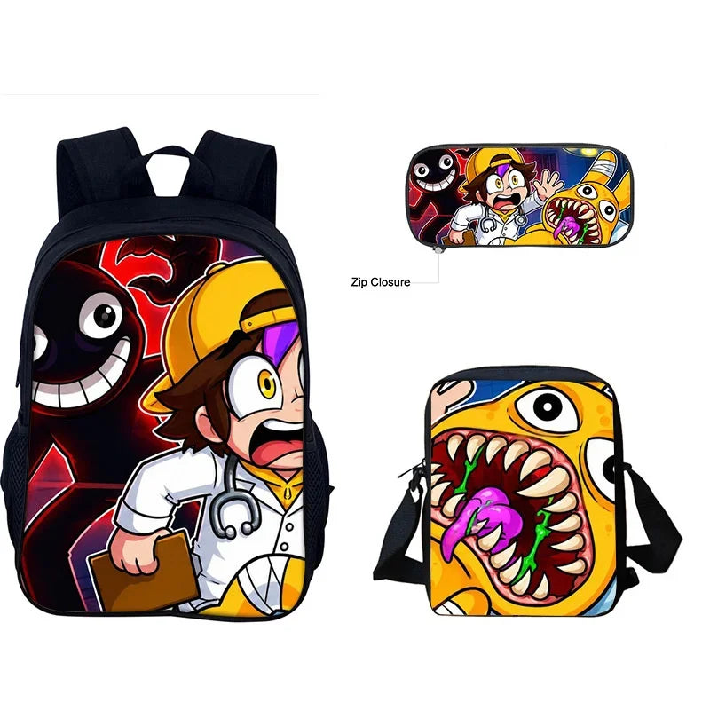 A black backpack featuring a cartoon doctor character and an inset image of a yellow animal hospital crossbody bag.