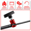 A black metal hood lift support clip with a red adjustment mechanism and a long black rod.