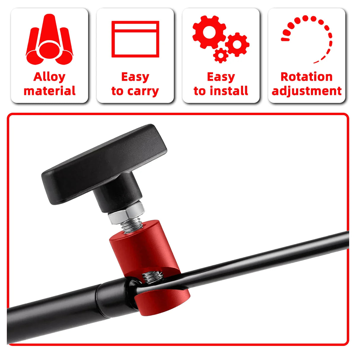 A black metal hood lift support clip with a red adjustment mechanism and a long black rod.