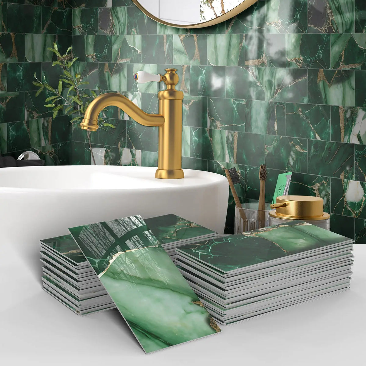 A gold faucet is shown in a bathroom setting with stacks of green marble self-adhesive wall stickers.