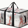 Extra-large heavy-duty moving bags with clear lids and reinforced handles featuring a white and red pattern.