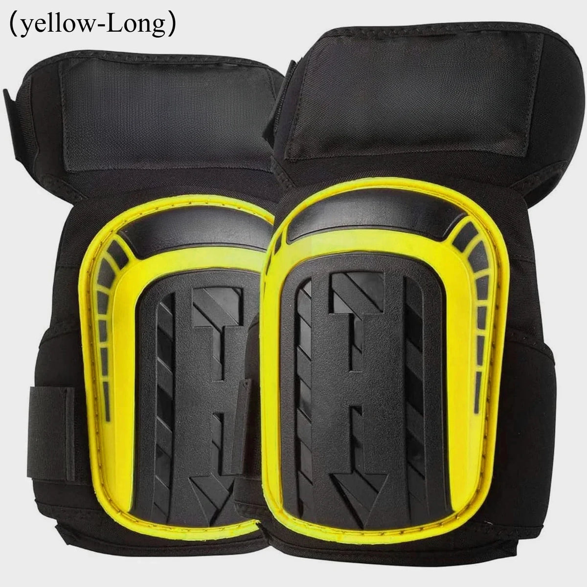 A pair of yellow-long heavy-duty gel knee pads for work and gardening, shown against a white background.