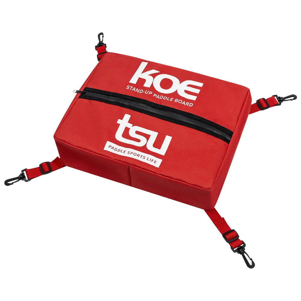 Red deck bag for a KOE stand-up paddle board featuring a TPU logo and paddle sports life text.