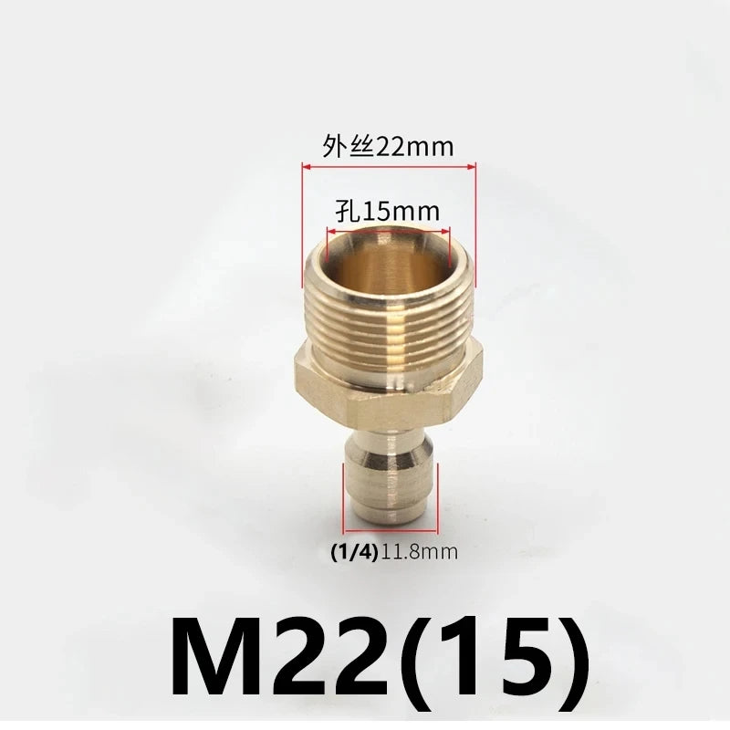 Brass pressure washer adapter kit with M22 thread and 15mm flare for quick connection