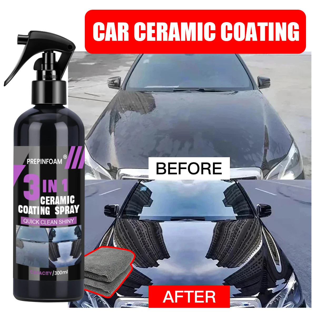Bouteille de spray de revêtement céramique avec avant/après montrant son effet sur la finition d'une voiture.