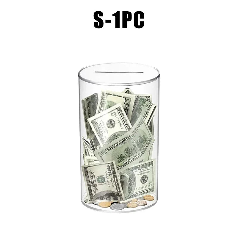A clear acrylic piggy bank filled with various US currency bills and coins.