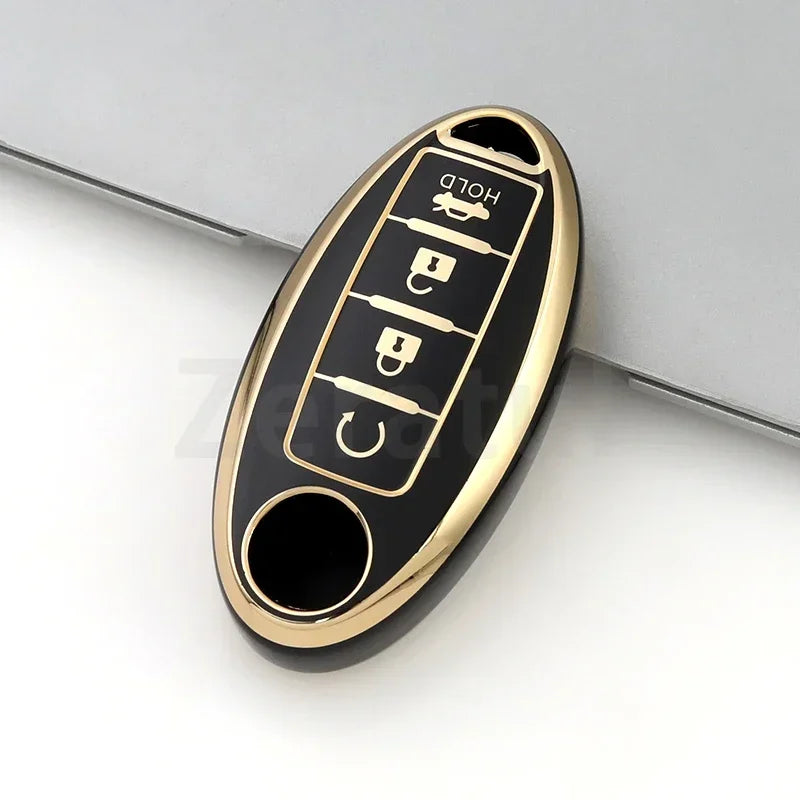 A gold-colored TPU car key case cover with multiple slots for keys and a large opening.