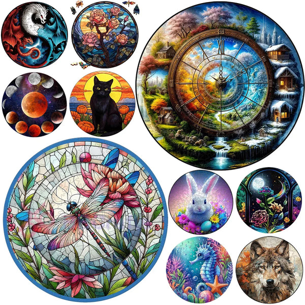 A collection of circular art pieces featuring mythological creatures, nature scenes, and celestial bodies.
