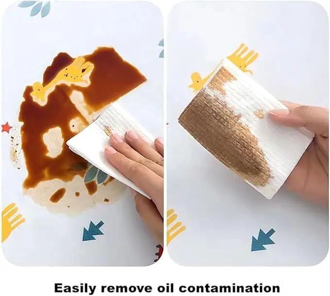 Hands are shown removing oil contamination from a refrigerator dust cover with storage pockets.