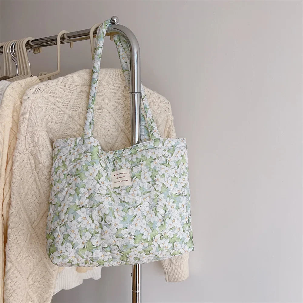 Quilted Floral Cotton Tote Bag with Padded Handle