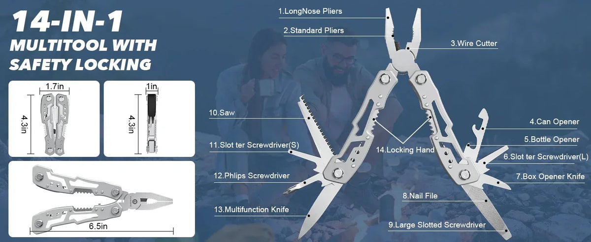 14-in-1 Folding Multi-Tool with Stainless Steel Pliers