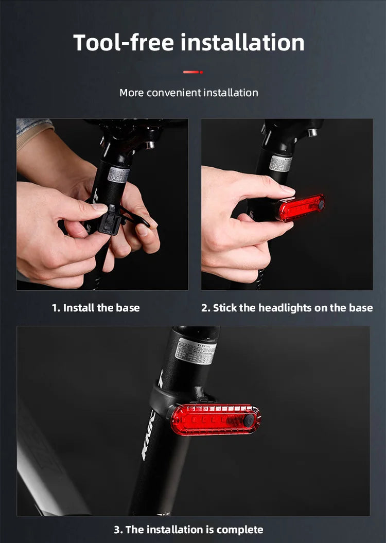 Step-by-step guide showing how to tool-free install a USB rechargeable bicycle tail light onto a base.