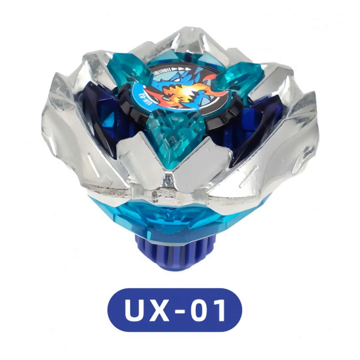 A silver and blue metal spinning top toy with a flame design on the center top.