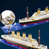 A detailed model kit of a Titanic ship built from interlocking plastic blocks.