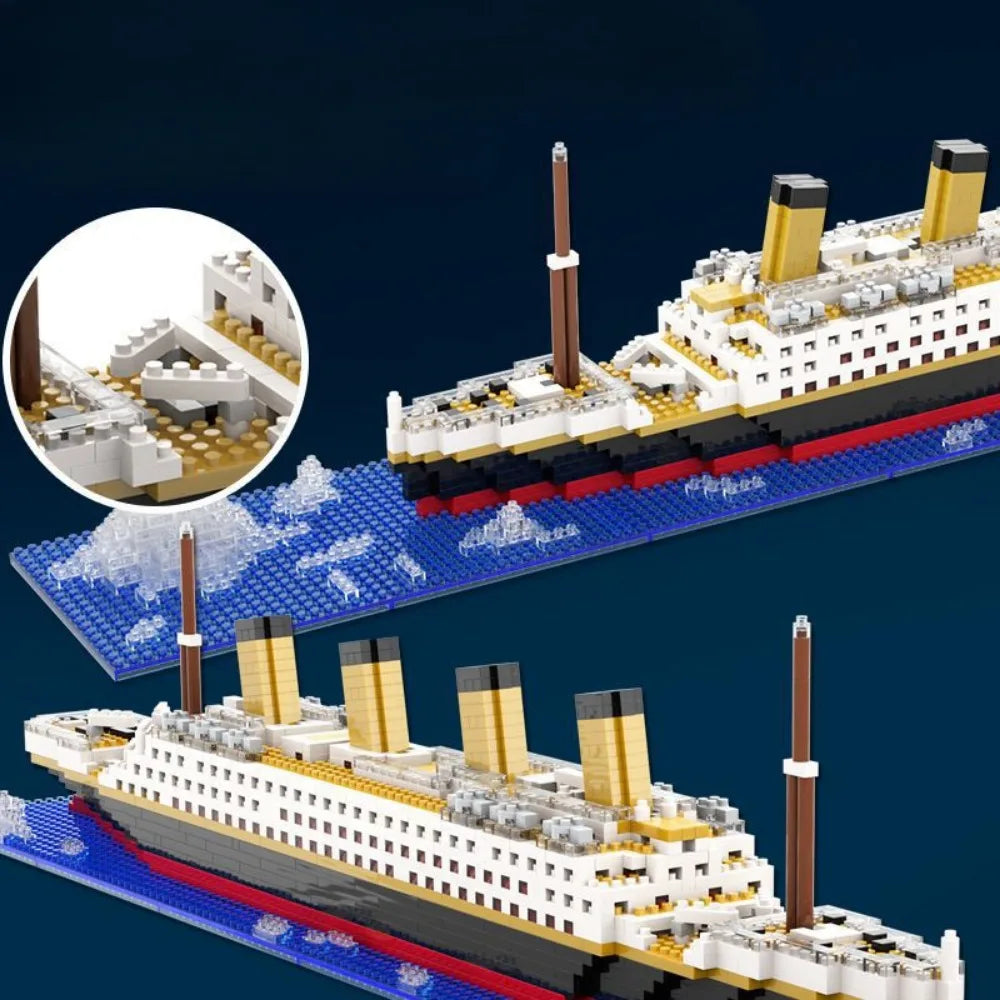 A detailed model kit of a Titanic ship built from interlocking plastic blocks.
