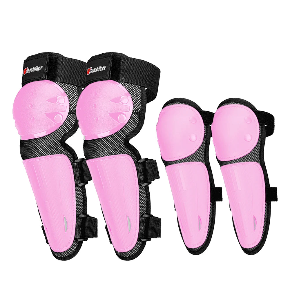 A set of pink kids motocross body armor featuring elbow and knee pads with black straps