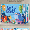 A colorful busy book for toddlers featuring matching games and numbers, displayed with individual pages.