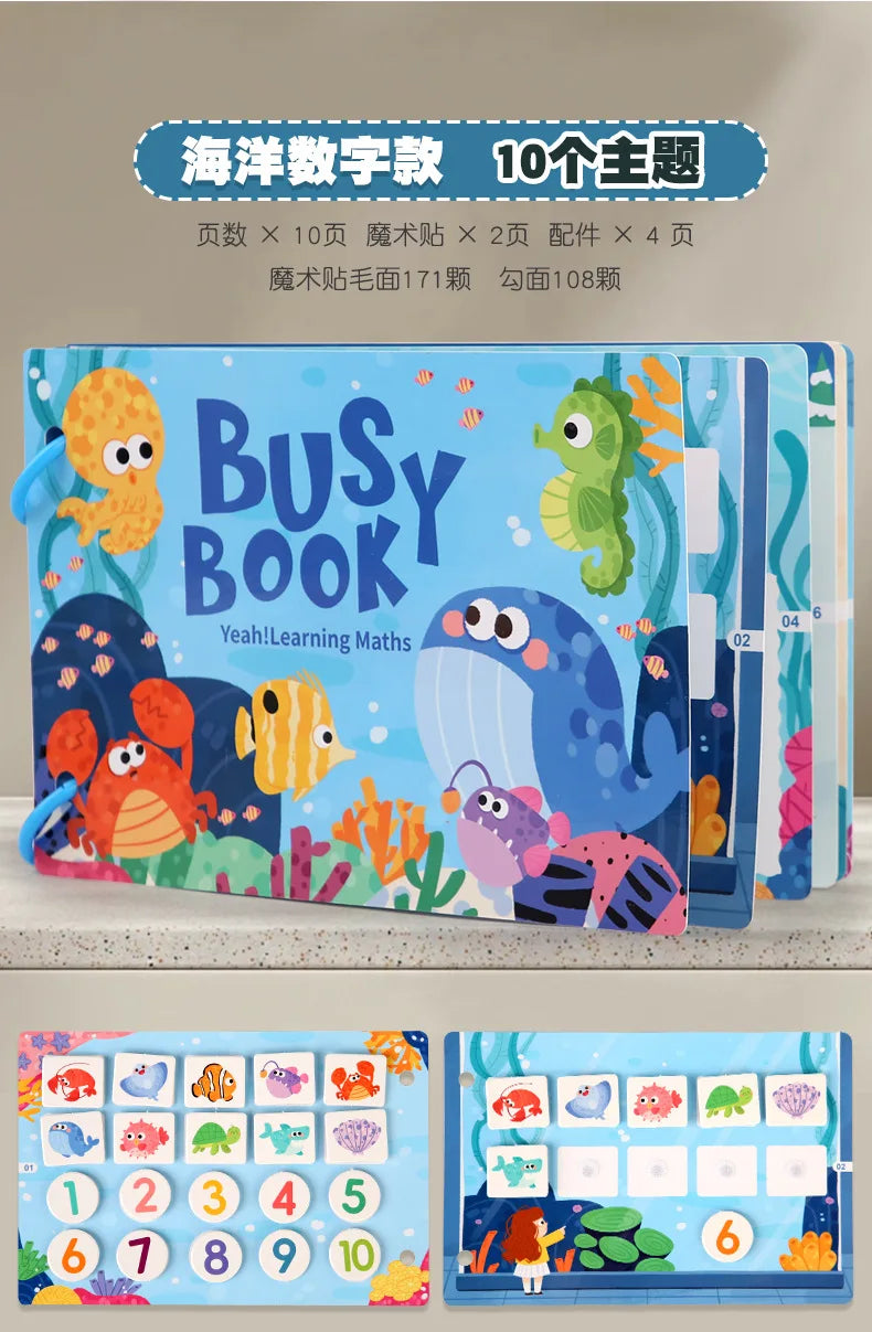 A colorful busy book for toddlers featuring matching games and numbers, displayed with individual pages.