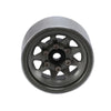 A close-up view of a metal beadlock wheel set for 1/24 RC crawlers.
