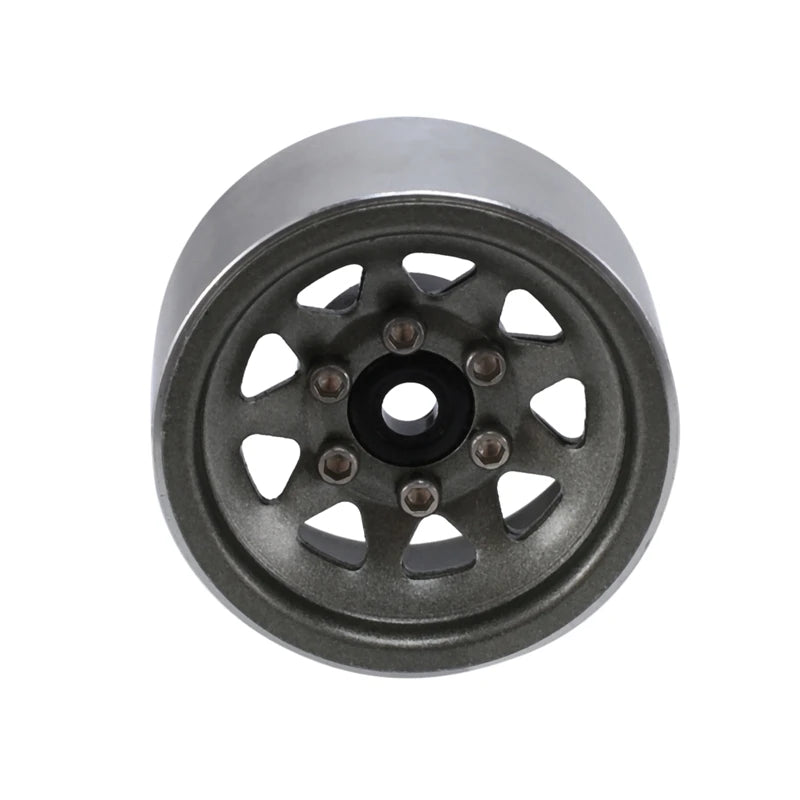 A close-up view of a metal beadlock wheel set for 1/24 RC crawlers.