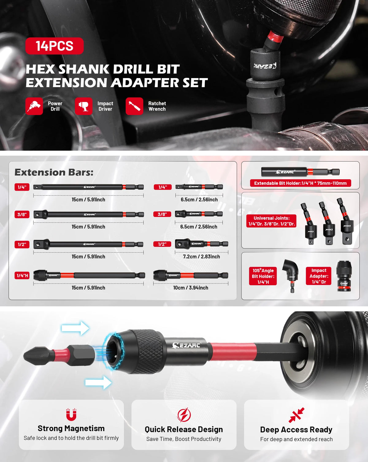 14-Piece Impact Socket Adapter Set with Quick-Release Extensions and Magnetic Holder