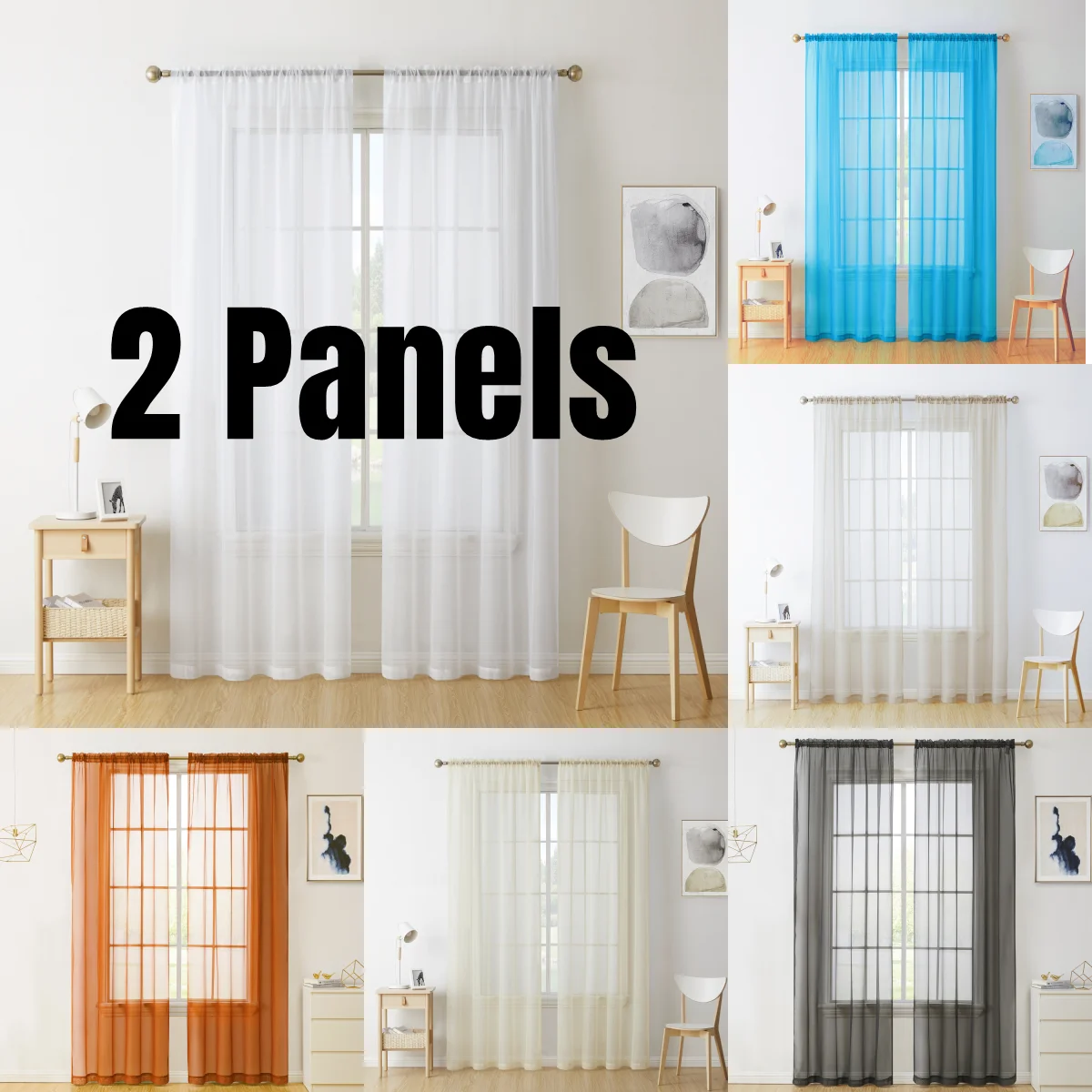 Two panels of sheer white voile curtains hanging in a window with natural light.