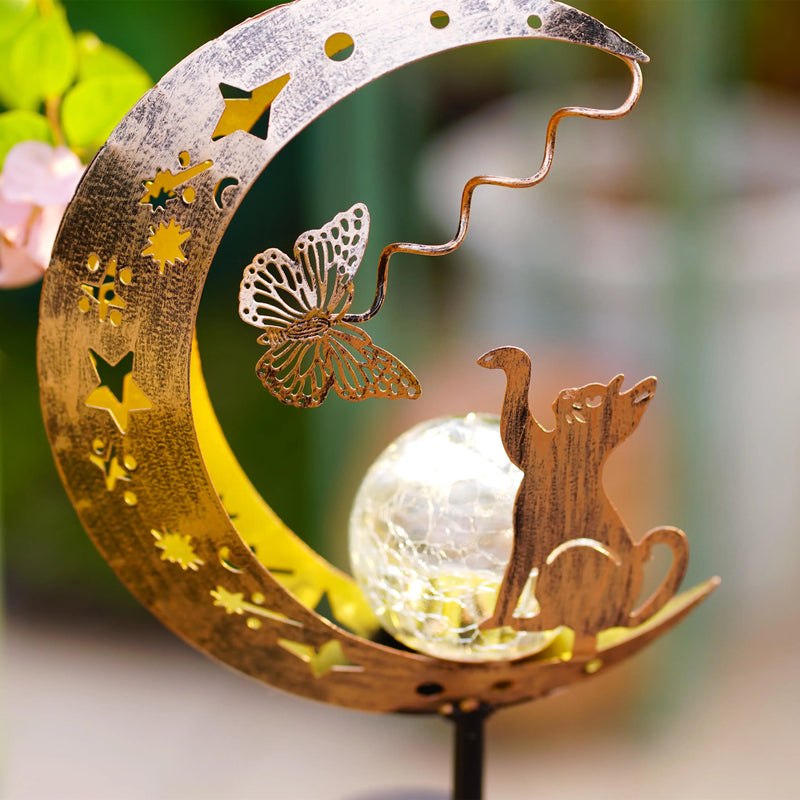 Luz Solar de Jardín con Silueta de Gato y Luna