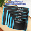 A set of reusable LCD writing tablets in various sizes and shades of blue and black are displayed on a wooden surface.
