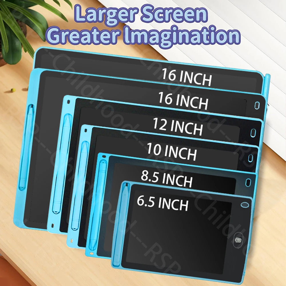 A set of reusable LCD writing tablets in various sizes and shades of blue and black are displayed on a wooden surface.