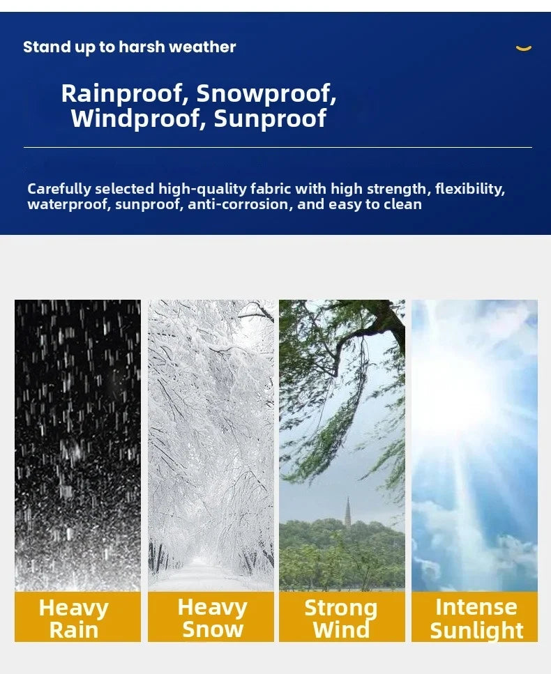 A set of waterproof tire covers designed to protect vehicles from harsh weather conditions like rain, snow, wind, and sunligh