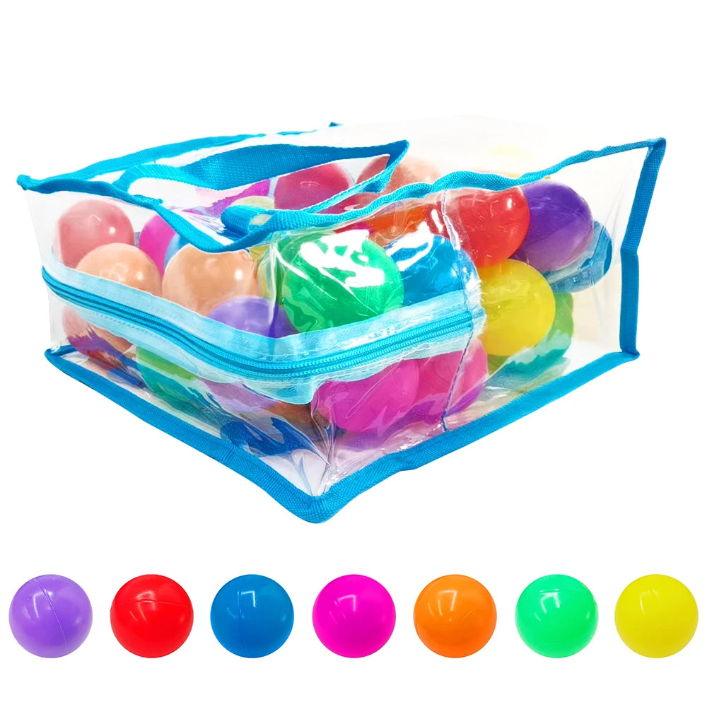 A clear plastic foldable ball pit play tent with a blue storage basket filled with colorful plastic balls.