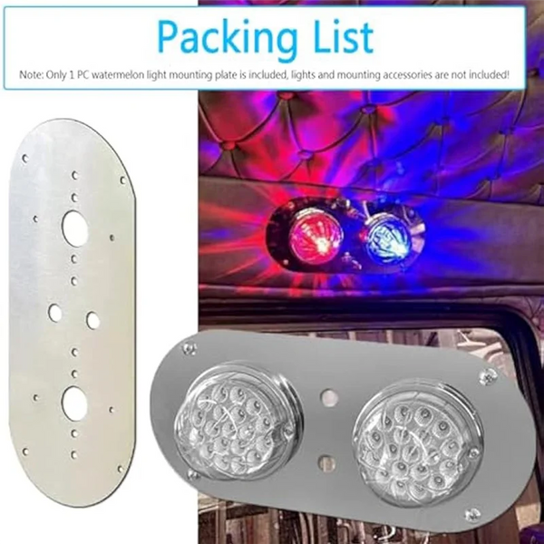 A packing list showing a silver watermelon light mounting plate and an installed version on a truck.